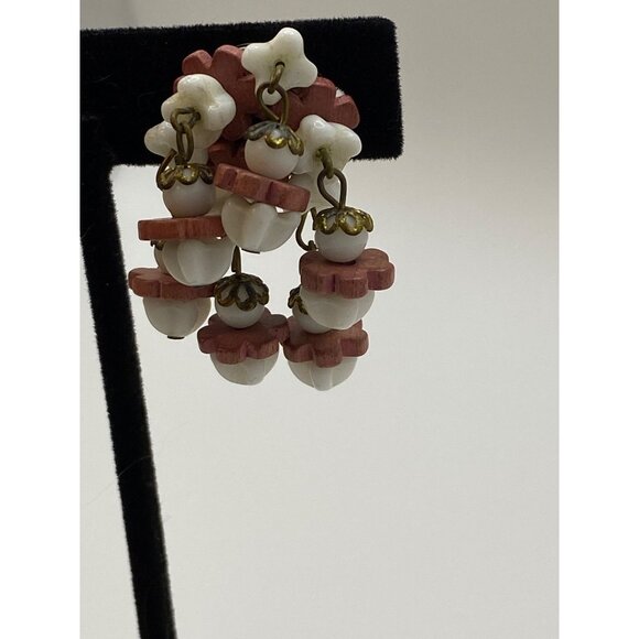 Vintage West Germany Clip-On Earrings W/ White & Red Bead Dangle Flowers Brass A - Picture 2 of 9